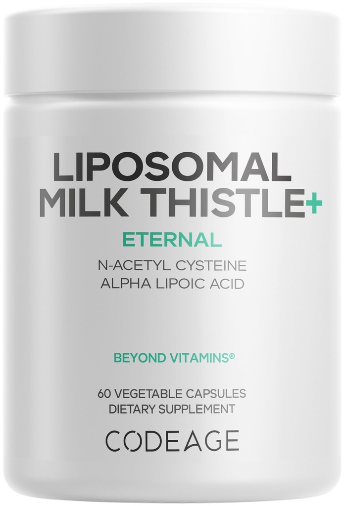 Kodeage Liposomal Milk Thistle + tillæg - Silymarin fra Silybum Marianum, NAC, Artiskoke Leaf, Mælkerod, Alpha Liposyre, BioPerine, Liposomal Levering - Non-GMO - 60 Kapsler