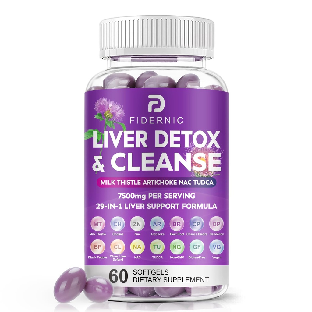 Lever Cleanse Detox & Reparation - Herbal Leverstøtte Mælk Thistle Supplement, 7500mg Styrke Leversundhed Support med Silymarin Artiskoke Extract Mælkebøtte TUDCA Cholin NAC, 60 Softgels