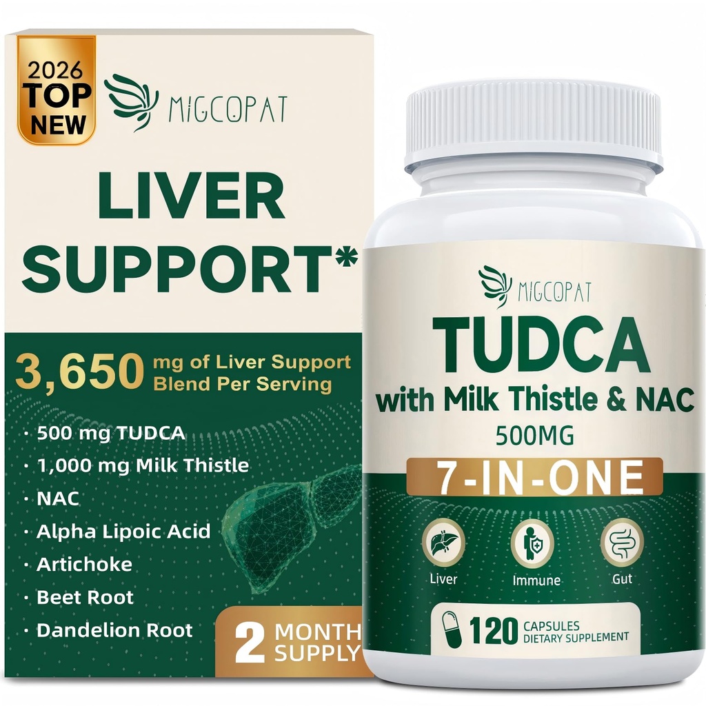 Migcopat 7- in- One TUDCA Supplement, 3650mg med Milk Thistle, NAC, Alpha Lipoic Acid, Dandelion Root, Bile Salts TUDCA til lever Cleanse Detox & Reparation, Bile Flow og fordøjelsesstøtte - 120 kapsler