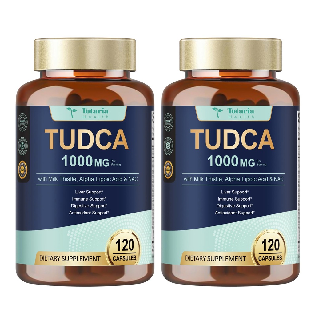 Totaria 2 Pakker TUDCA 1000mg leverstøtte tillæg med mælk tidsel, NAC, ALA, 80% Silymarin, 15-in-1 Ekstra Styrke Bile Salte