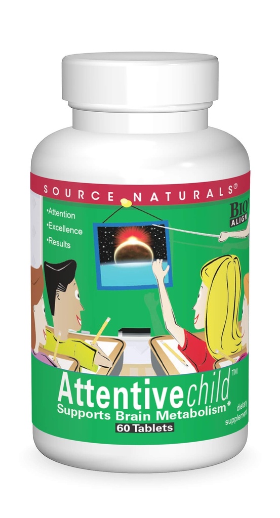 Source Naturals Attentive Child - Healthy Cognitive Nutrients for Active Children - Improved Focus & Attention with DMAE, Magnesium, Zinc & Grape Seed Extract - 60 Tablets