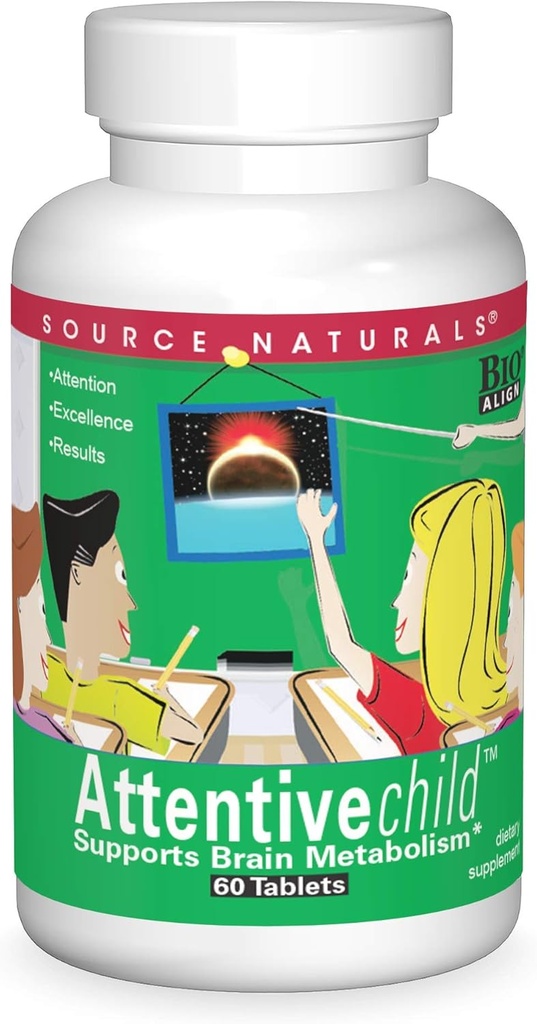 Source Naturals Attentive Child - Sunde kognitive næringsstoffer til aktive børn - Forbedret fokus og opmærksomhed med DMAE, Magnesium, Zink & Grape Seed Extract - 60 tabletter