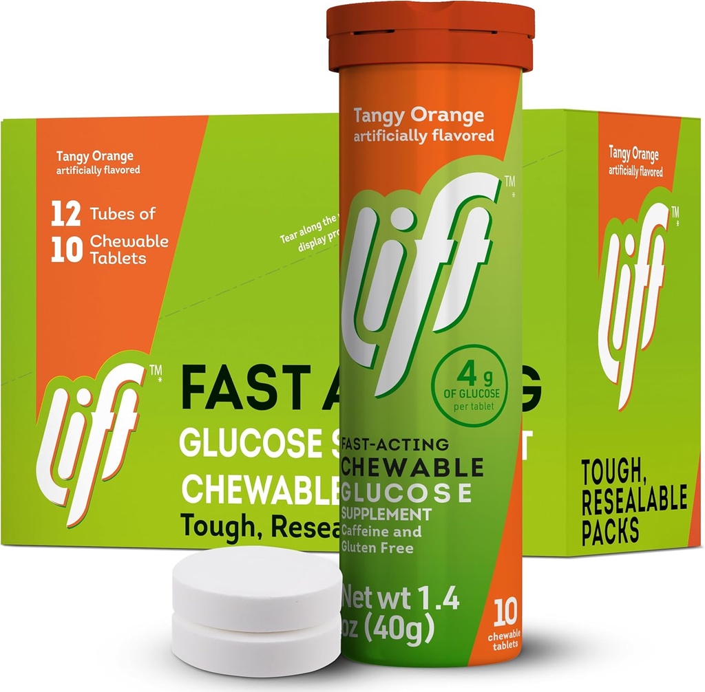 Lift Glucose Fast- Actioning Glucose Chewable Energy Tablets, Orange, 10 ct Tube (Pakning med 12)