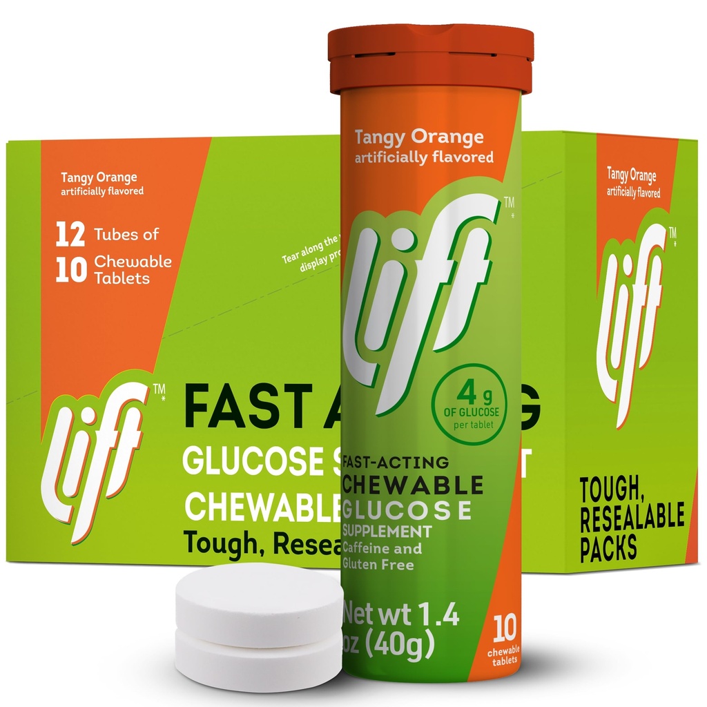 Lift Glucose Fast- Actioning Glucose Chewable Energy Tablets, Orange, 10 ct Tube (Pakning med 12)