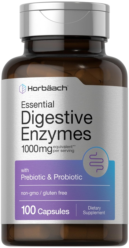 Horbäach Essential fordøjelsesmidler Enzymes against 124; 100 Kapsler; 124; Enzyme Blend for mænd og kvinder; 124; Non- GMO & Gluten Free Supplement