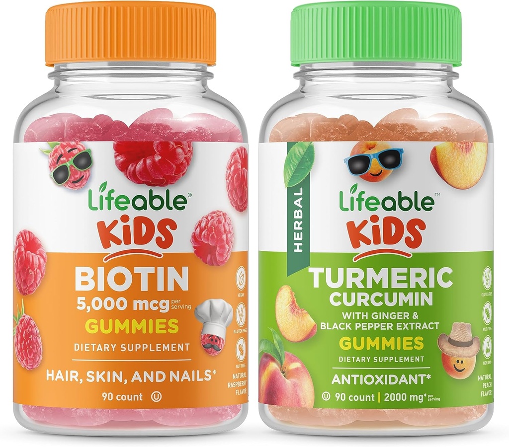 Lifeable Biotin Kids + Turmeric Curcumin Kids, Gummies Bundle - Great Tasting, Vitamin Supplement, Gluten Free, GMO Free, Chewable Gummy
