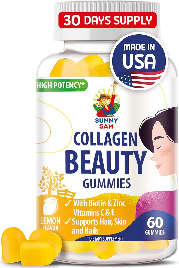 SUNNY SAM Biotin Collagen Gummies for Kvinder & Piger - Lavsukker 60 Chewable Beauty Collagen Gummies for Enhanced Hir Skin and Nails - Biotin, Vitamin A, Zink supplement - Natural Lemon Flavor