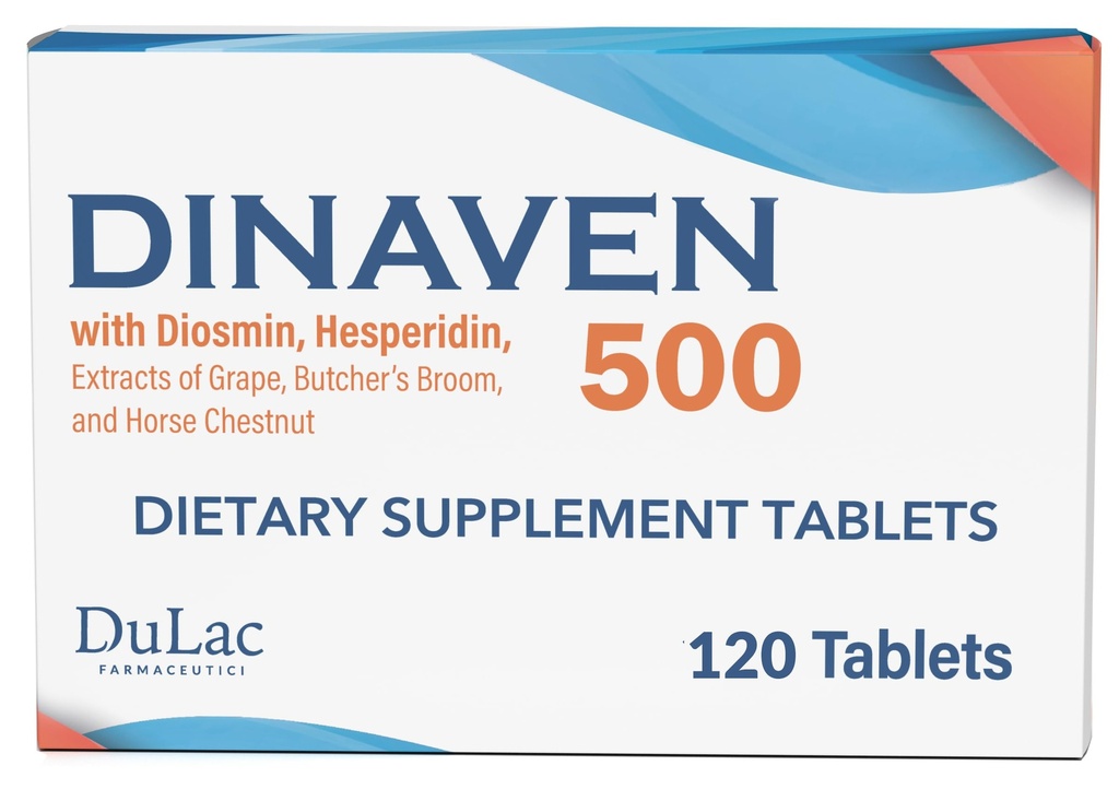 Dulac Dinaven 500, Mikroniseret Diosmin Hesperidin Kosttilskud 1000mg per servering, Horse Chestnut Extract, Butchers Broom & Red Grape Extract, Leg Circulation Support, 120 tabletter, Lavet i Italien