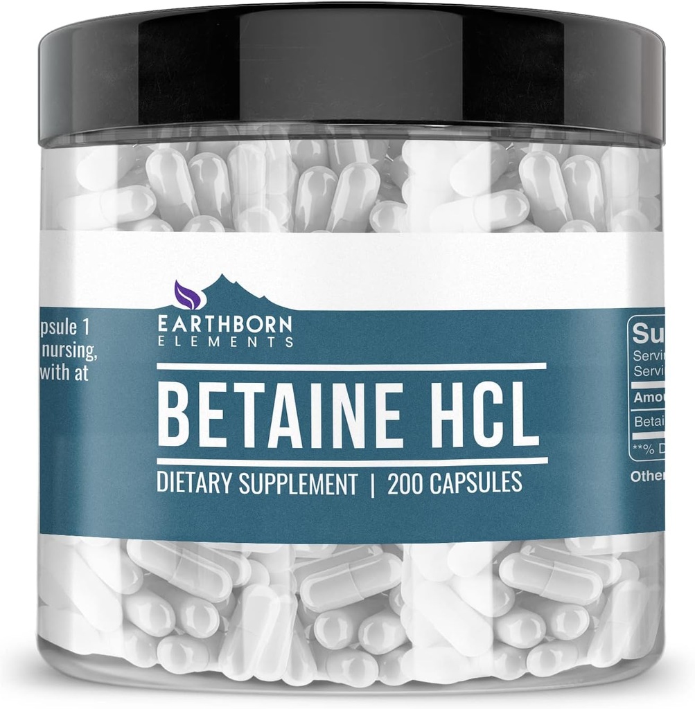 Earthborn Elements Betaine HCL, 200 kapsler, Lab- Testet, Ingen Filler eller Tilsætningsstoffer