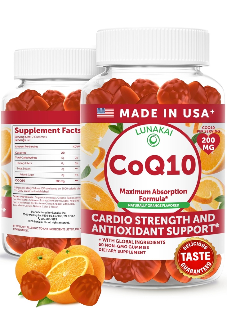 Lunakai USA Lavet CoQ10 Gummies for voksne - 200mg høj potens Coenzym Q10 Supplement for Daily Heart, Energy & Antioxidant Support til kvinder & mænd, Non- GMO, 60ct