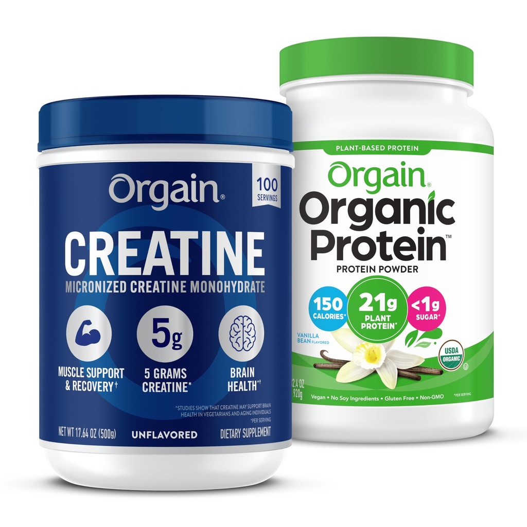 Orgain Creatin monohydrat pulver 17.64 Oz (100 Servere) & Organic Vegan Vanilla Bean Protein Powder 2.03 LB Bundle - Plantbaseret protein og muskel støtte