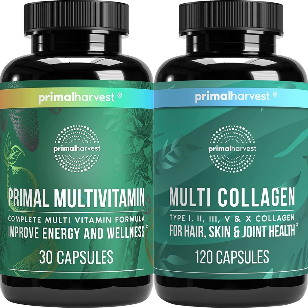 Primær høst Multivitamin & Collagen Kosttilskud til kvinder og mænd Multi Vitamin Kapsler og Collagen Peptider Pills Bundle