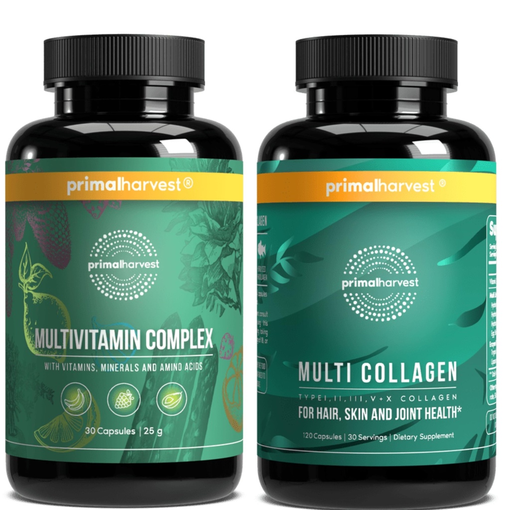Primær høst Multivitamin & Collagen Kosttilskud til kvinder og mænd Multi Vitamin Kapsler og Collagen Peptider Pills Bundle