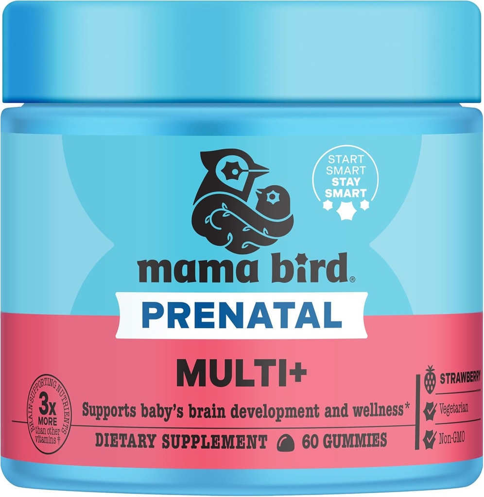 Bedste Nest Wellness Mama Bird prenatal Multi Plus - Prenatal Care Supplement understøtter hjerne & fordøjelsessygdomme - Vegan Multivitamin med methylfolat & mere - Jordbær, 60 Gummies (30 Servere)