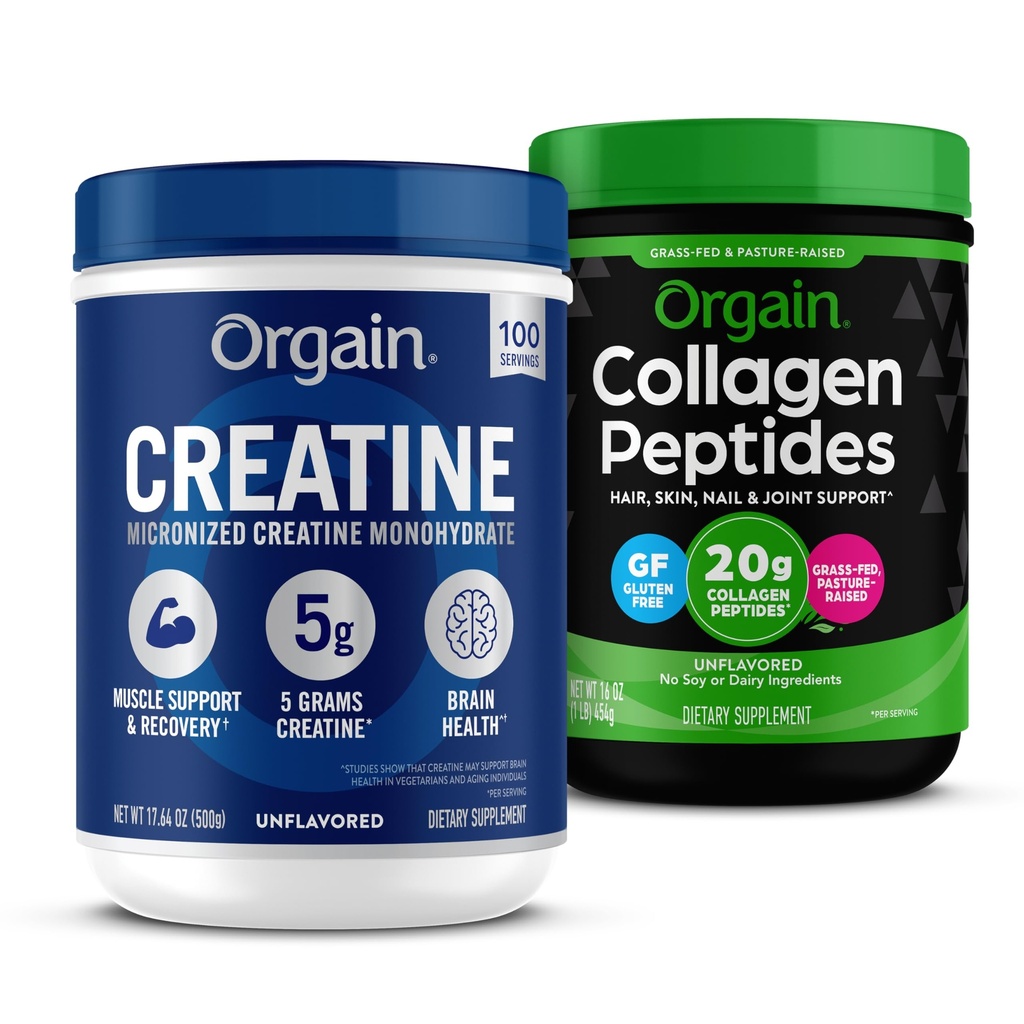 Orgain Creatinine monohydrat pulver 17.64 Oz (100 Servere) & Collagen Peptider pulver 1lb (20g Grass Fed) Bundle - Unflavored, Non- GMO kosttilskud for muskel, hjerne, hud & fælles støtte