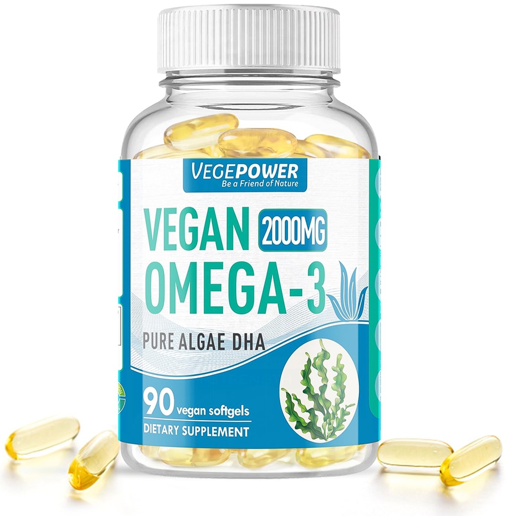 Vegan Omega-3 Algae DHA Kosttilskud - 2000mg Algae Oil, Plant- Based Prenatal Algal DHA, 90 Carrageenan Free Softels -Sustainable Fish Oil Alternative støtter hjerne, hjerte, øjne, fælles sundhed