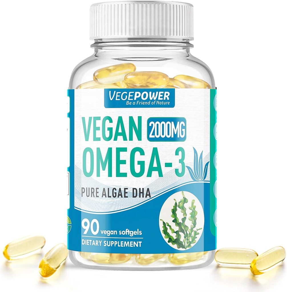 Vegan Omega-3 Algae DHA Kosttilskud - 2000mg Algae Oil, Plant- Based Prenatal Algal DHA, 90 Carrageenan Free Softels -Sustainable Fish Oil Alternative støtter hjerne, hjerte, øjne, fælles sundhed