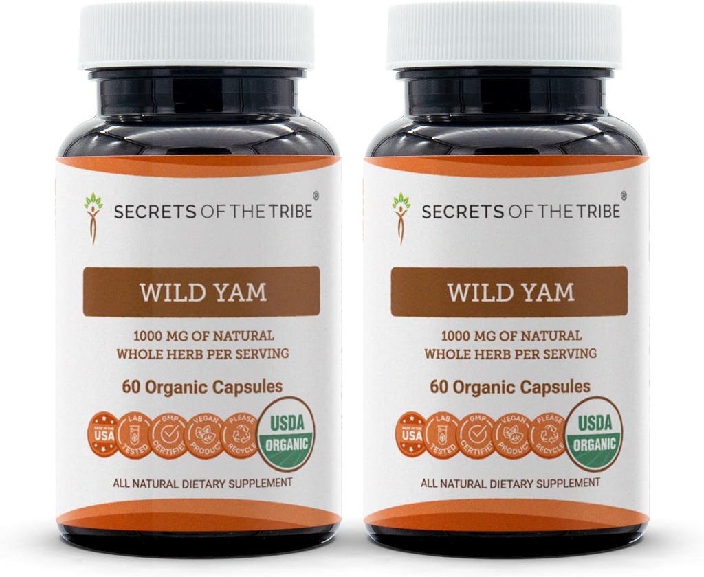 Secrets of the Tribe Wild Yam Capsules 1000 mg Responsibly farmed USDA Organic Wild Yam (Dioscorea Villosa) Dried Root, Hormone Support Supplement (2x60 Capsules)