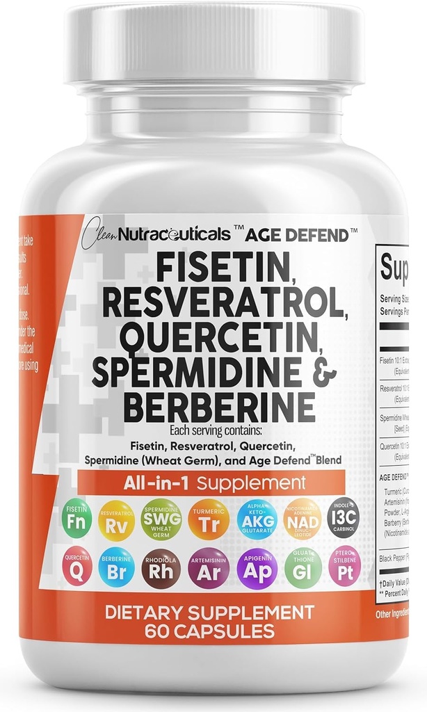 Clean Nutra Fisetin Quercetin Resveratrol Spermidine - Longevity Supplement with NAD Berberine Apigenin | Anti Aging Cellular Health Support Capsules 90 Count