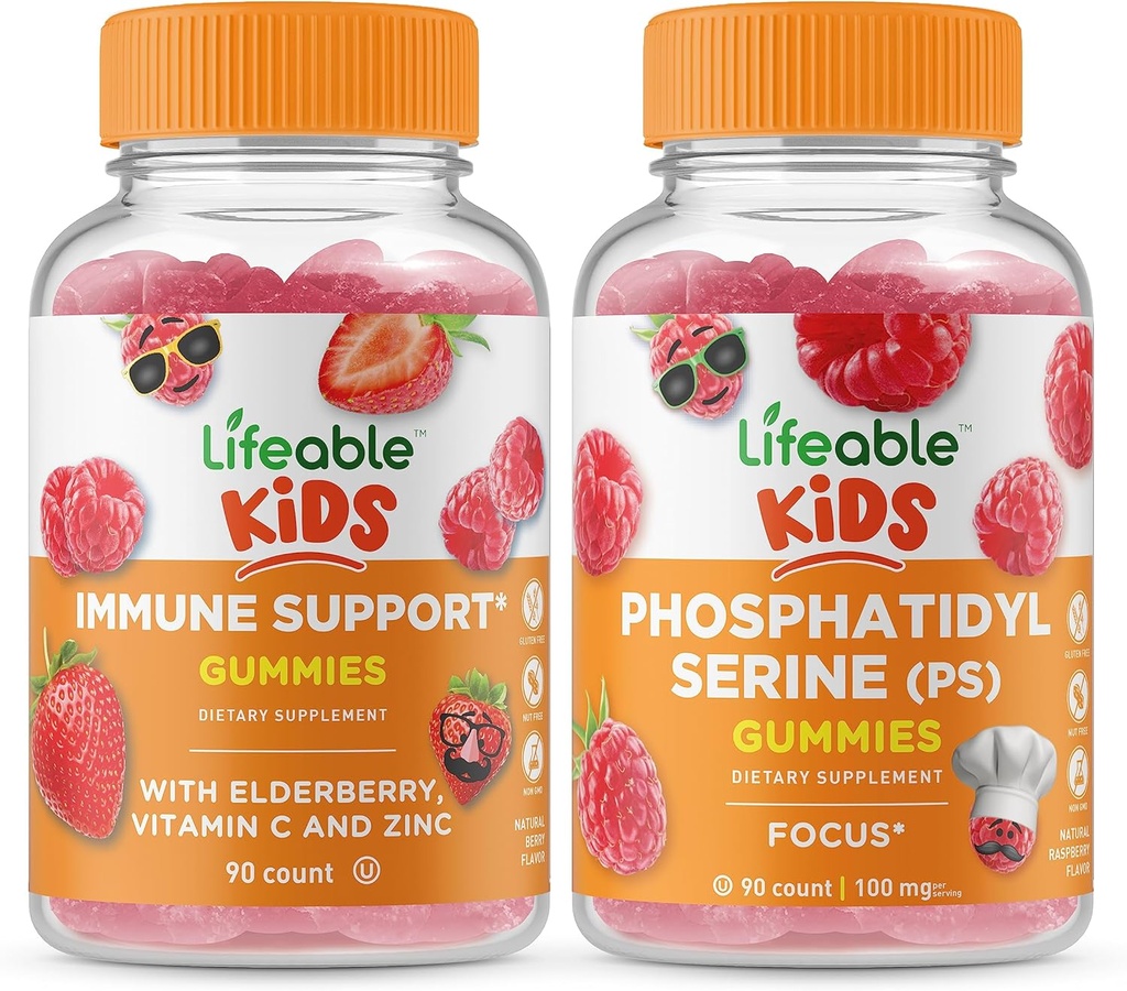 Lifeable Immunsupport Kids + Phosphatidylserin (PS) Kids, Gummies Bundle - Great Tasting, Vitamin Supplement, Gluten Free, GMO Free, Chewable Gummy