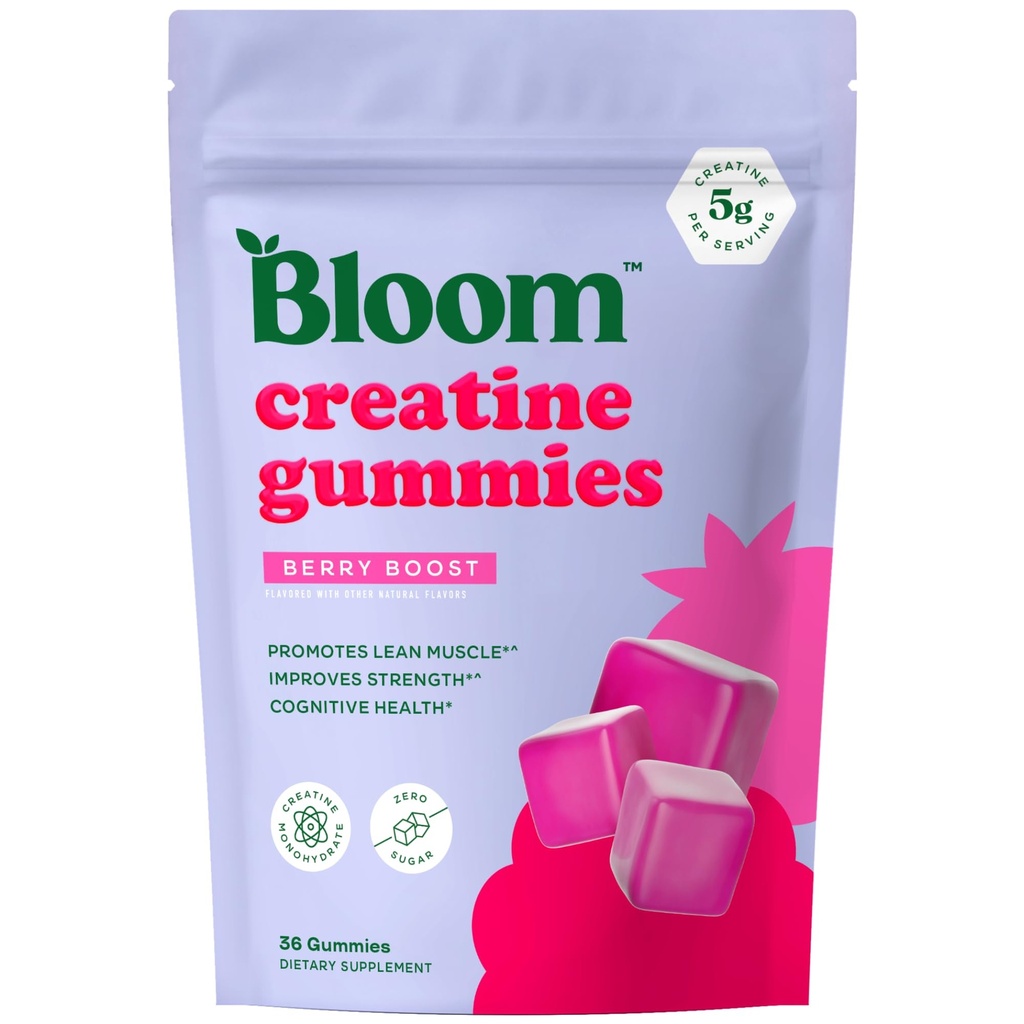 Bloom Creatinine Monohydrate Gummies, 5g Per Serving, Sugar Free Creatinine Gummies for Workout, Strength, Cognitive Health & Lean Muscle Support, Gluten Free & Non GMO, Berry Boost, 36 Gummies, 12 SVG