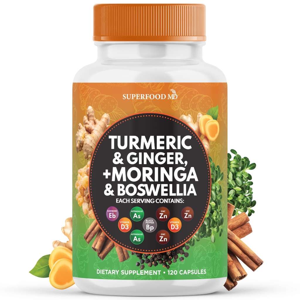 Gurkemeje Moringa Supplementet 124; Ingefær, Boswellia, Safran, Holy Basil- Fælles Support for Kvinder og Mænd med Ceylon Kanel, Quercetin, Tart Cherry - 120 Tæl