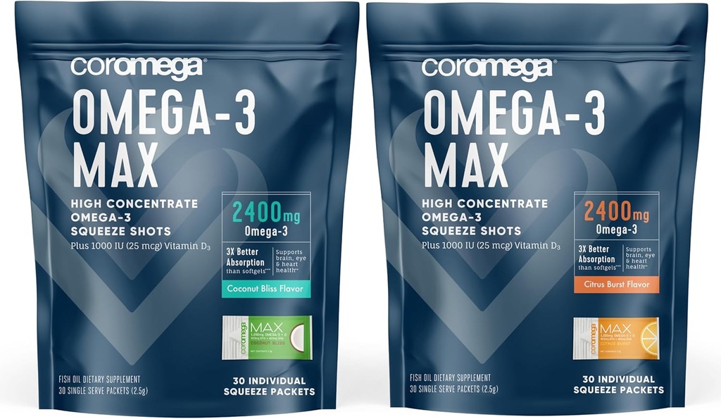 Coromega Omega-3 Fish Oil Bundle - 2400mg Omega- 3s + D-vitamin, 3X bedre Absorption, Ingen Fishy Eftersmag, Kokos Bliss & Citrus Burst Flavors, 60 Squeeze Packets