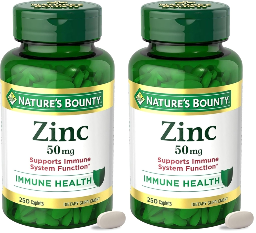 Naturens Bounty Zink 50mg, immunforsvar & antioxidant supplement, fremmer hudsundhed, 1 Caplet Per dag, Gluten Free, 250 Vegetar Caplets, (pakke med 2)
