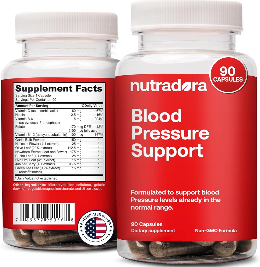 Blood Pressure Support Supplement med Hawthorn, Hibiscus & Hvidløg Uddrag - Høj og lavere blodtryk Kosttilskud til kardiovaskulære & cirkulære sundhed, Understøtter normal hjerte sundhed