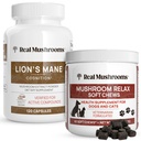 Real Mushrooms Lion 's Mane for Humans (120ct) & Mushroom Pet Relax Chews (60 Chews) - Bundle for Cognition & Relaxation - Vegan, Non- GMO, Gluten- Free, Grain- Free Mushroom Extract Supplements
