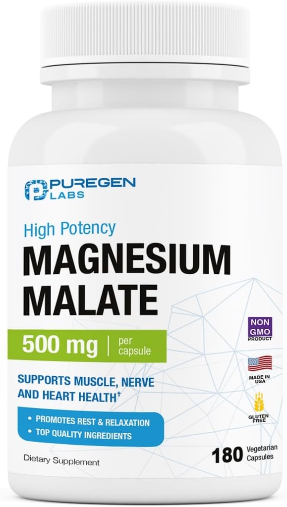 Puregen Labs Magnesium Malate 500 mg * 124; høj potens Elementær Magnesium * 124; 180 Veggie Caps, Superior Absorption, Non- GMO, NO Gluten og Dairy, støtter muskel, fælles, og hjerte sundhed