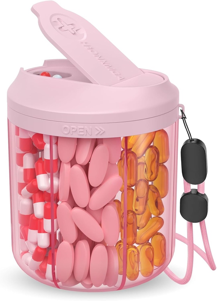 Pill Dispenser med 7 store komponenter, 4.4 "H x 3.6" Dia Pill Organizer til rejser, Supplement Organizer med Anti- Mixing Design, BPA- Free Pill Container med 20 Pcs Labels, Pink