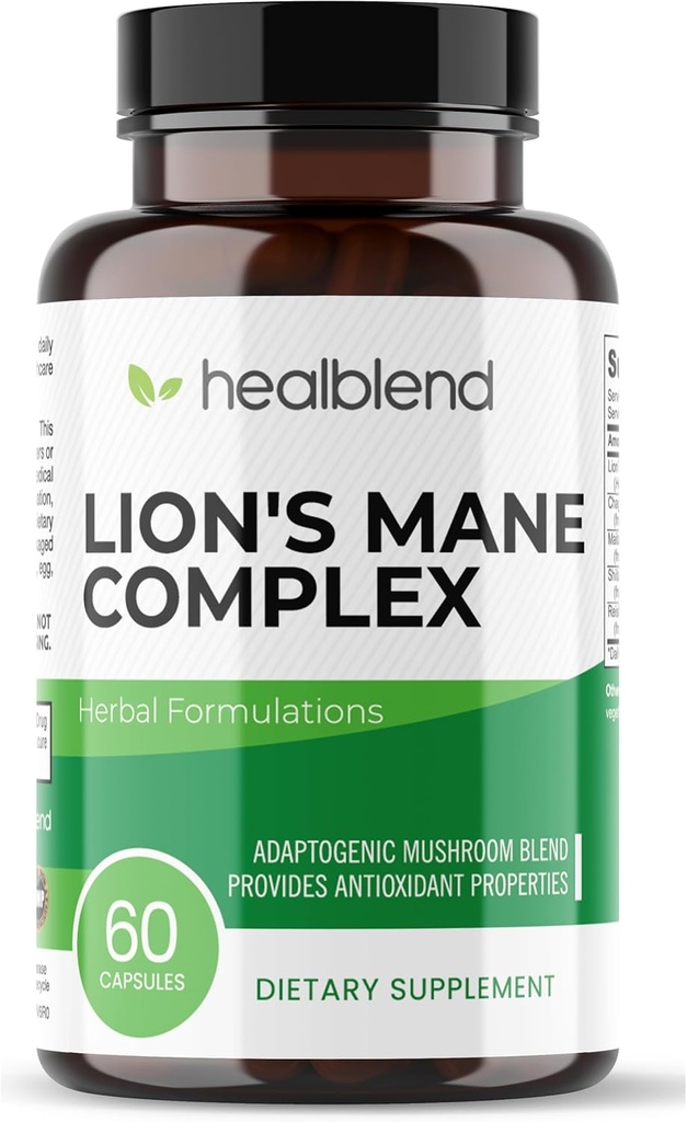 Mushroom Complex Extract med Lions Mane Fruiting Body - 100% Naturlige og effektive energipiller - Brain, Focus Supplement, Stimulerer Mood, og Kreativitet - 60 immunforsvar kapsler