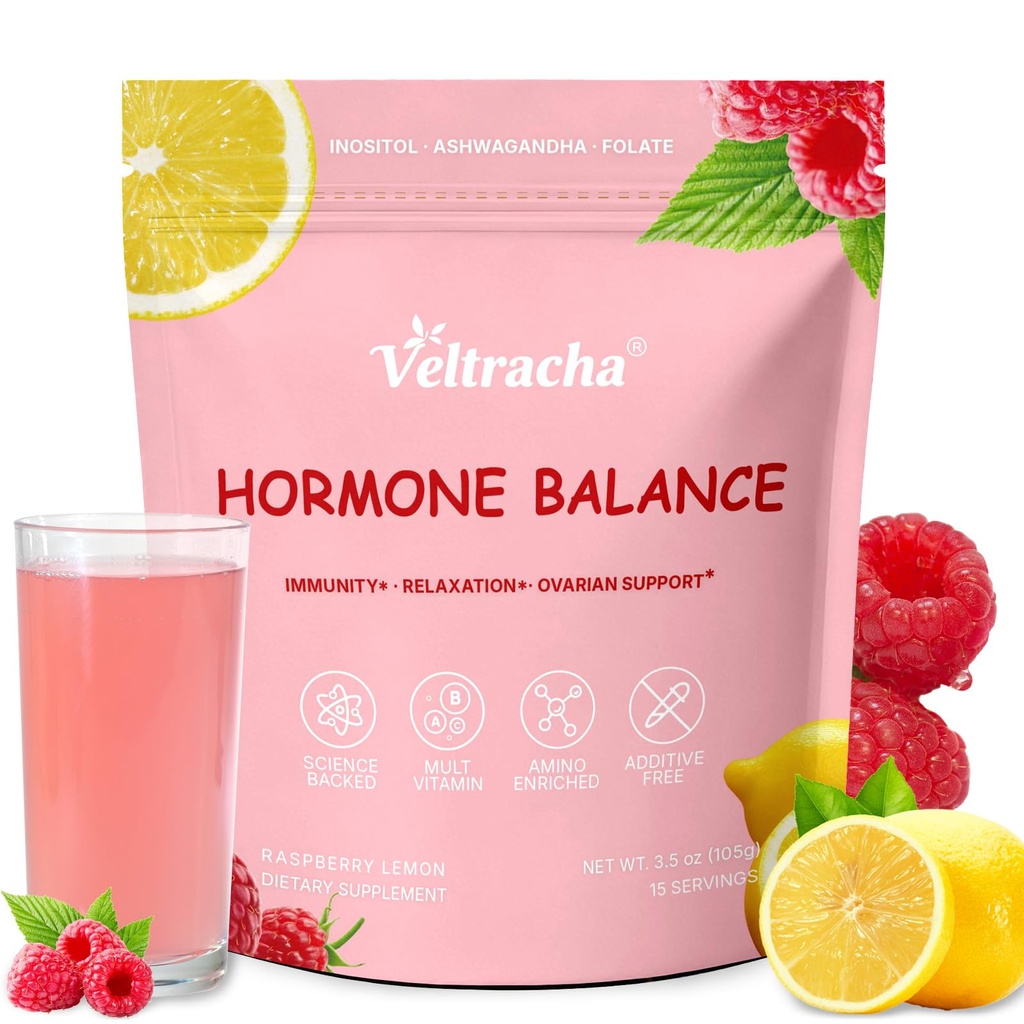 Hormone Balance for Women, Myo & D-Chiro Inositol Powder with Folate & Amino Acid & Ashwagandha - Ovarian Support, Mood Regulation & PMS Relief, Raspberry Lemon, 15 Servings