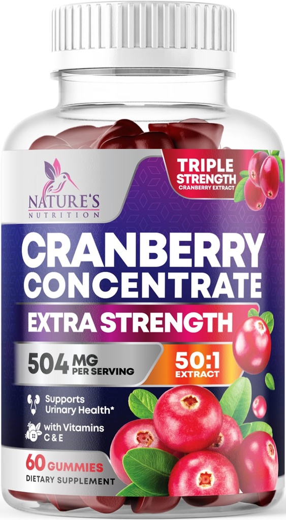 Cranberry Gummies 50: 1 Cranberry Extract - Urinary Tract Support Made with 25,000mg, Hjælper Cleanse & Protect, Cran Berry Gummy Supplement + C-vitamin, Chewable Cran Pills for Women - 60 Gummies