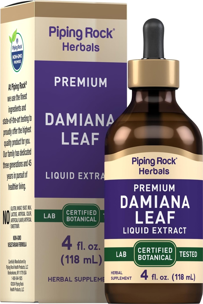 Piping Rock Damiana Leaf Herb Tincture Mea124; 4 fl oz Measure124; Liquid Extract Drops Measure124; Vegetar & Alkohol Free Measure124; Non GMO, Gluten Free Supplement