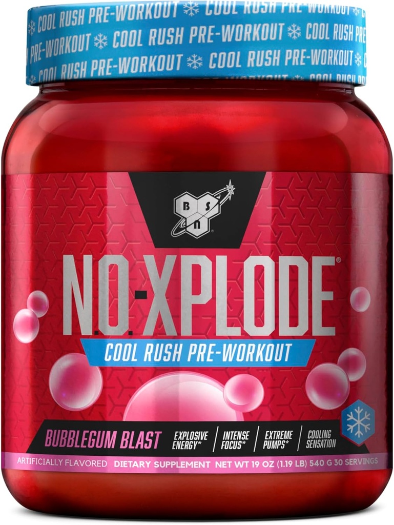 BSN N.O.-XPLODE Cool Rush Pre Workout Powder, Preworkout Energy Supplement for mænd og kvinder med Creatin og Beta- Alanine, New Flavor: Bubblegum Blast, 30 Serveringer