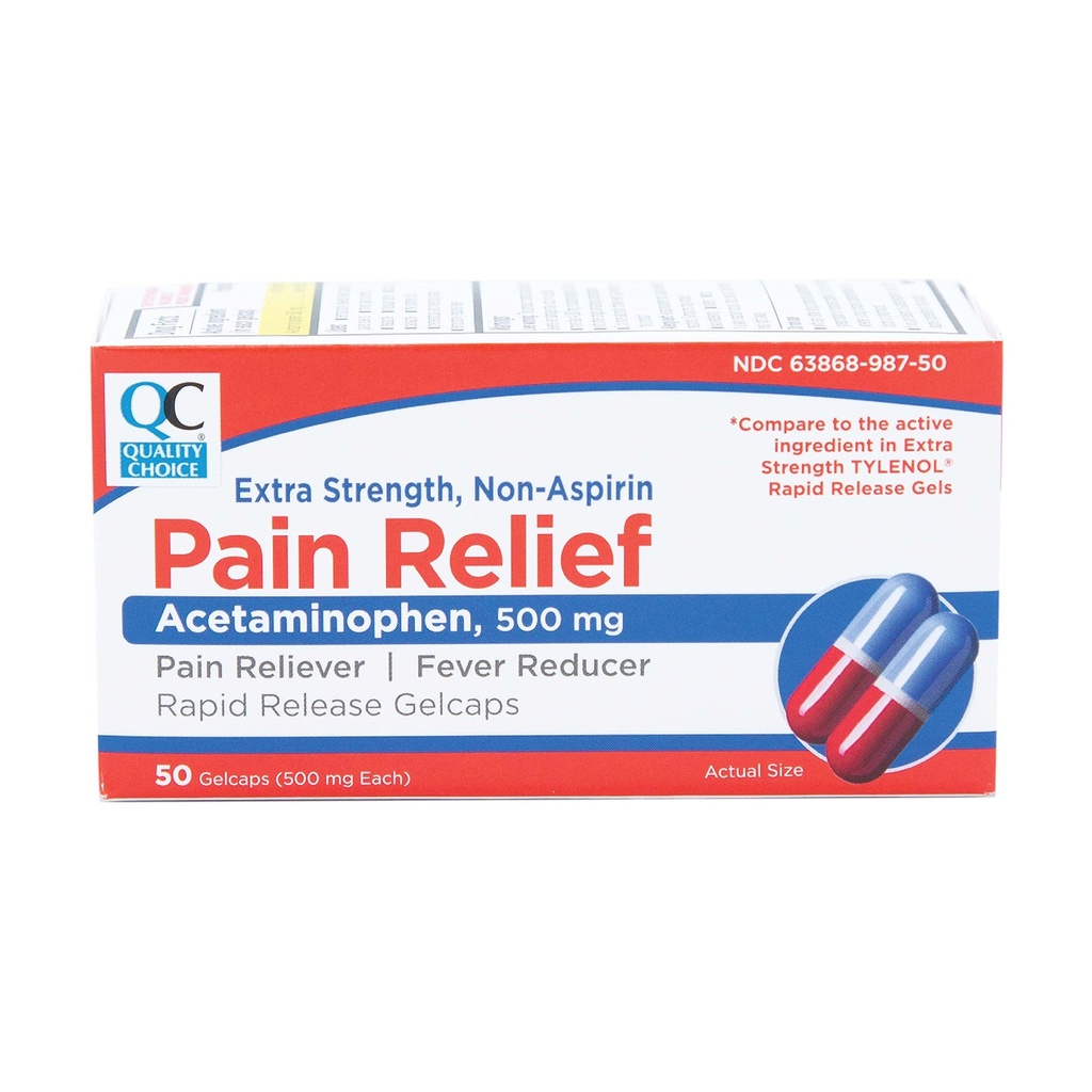 Quality Choice, Extra Strength, Non Aspirin Pain Relief, Acetaminophen 500 MG, Pain Reliever & Fever Reducer, Rapid Release Gelcaps, 50 Count Package