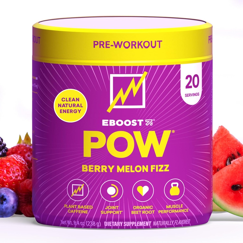 EBOOST POW Natural Pre Workout Powder - 20 Servering - Berry Melon Fizz - Pre Workout supplement til ydeevne, fælles mobilitetsstøtte, energi, fokus - Mænd og kvinder - Non-GMO, Gluten- Free, Ingen Creatin