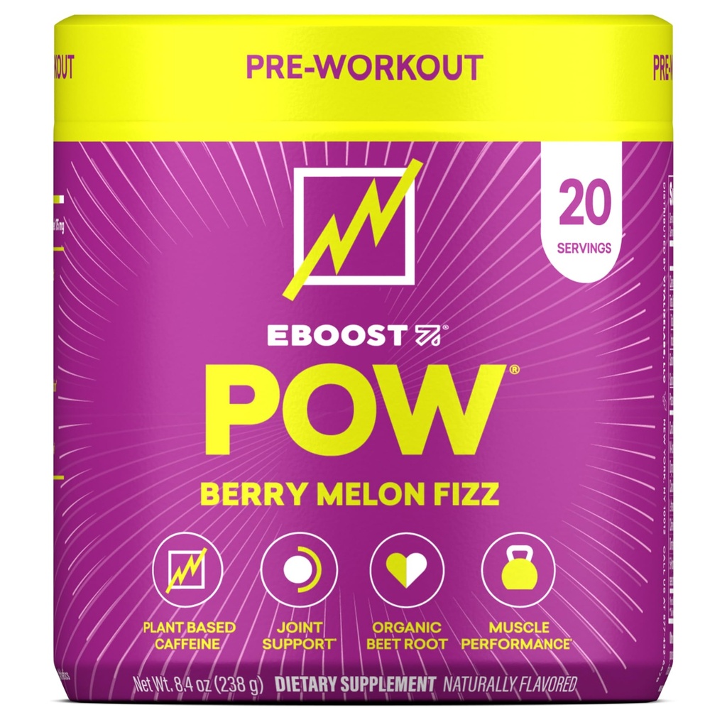 EBOOST POW Natural Pre Workout Powder - 20 Servering - Berry Melon Fizz - Pre Workout supplement til ydeevne, fælles mobilitetsstøtte, energi, fokus - Mænd og kvinder - Non-GMO, Gluten- Free, Ingen Creatin