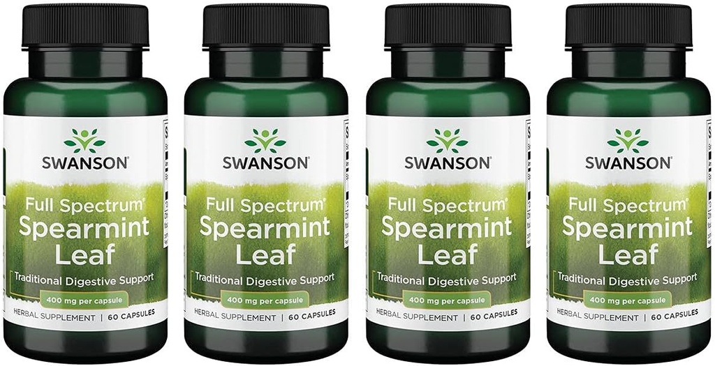 Swanson Spearmint Leaf (Mentha Spicata) -Full Spectrum Herbal Supplement Support fordøjelsessygdomme '&' Mild Maveproblemer - (60 kapsler, 400mg hver) 4 pakke