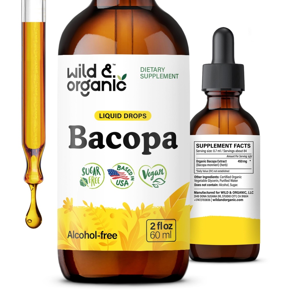 Wild & Organic Bacopa Tincture - Understøtter rolig, fokus, Clarity - Bacopa Monnieri Supplement Flydende - Alkohol- Free Drops med Brahmi Extract - Vegan, Sugar- Free - 2 - Month Supply - 2 fl oz