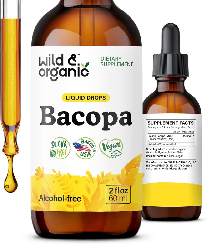 Wild & Organic Bacopa Tincture - Understøtter rolig, fokus, Clarity - Bacopa Monnieri Supplement Flydende - Alkohol- Free Drops med Brahmi Extract - Vegan, Sugar- Free - 2 - Month Supply - 2 fl oz
