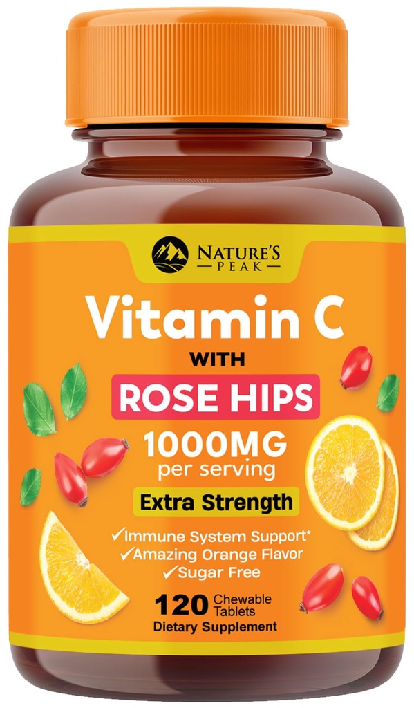 Vitamin C 1000mg Per Serving - Extra Strength Daily Immune Support with Rose Hips Chewable Supplement - Sugar Free Tasty Orange Flavor - Antioxidant & Collagen Support - USA Bottled - 120 Tablets