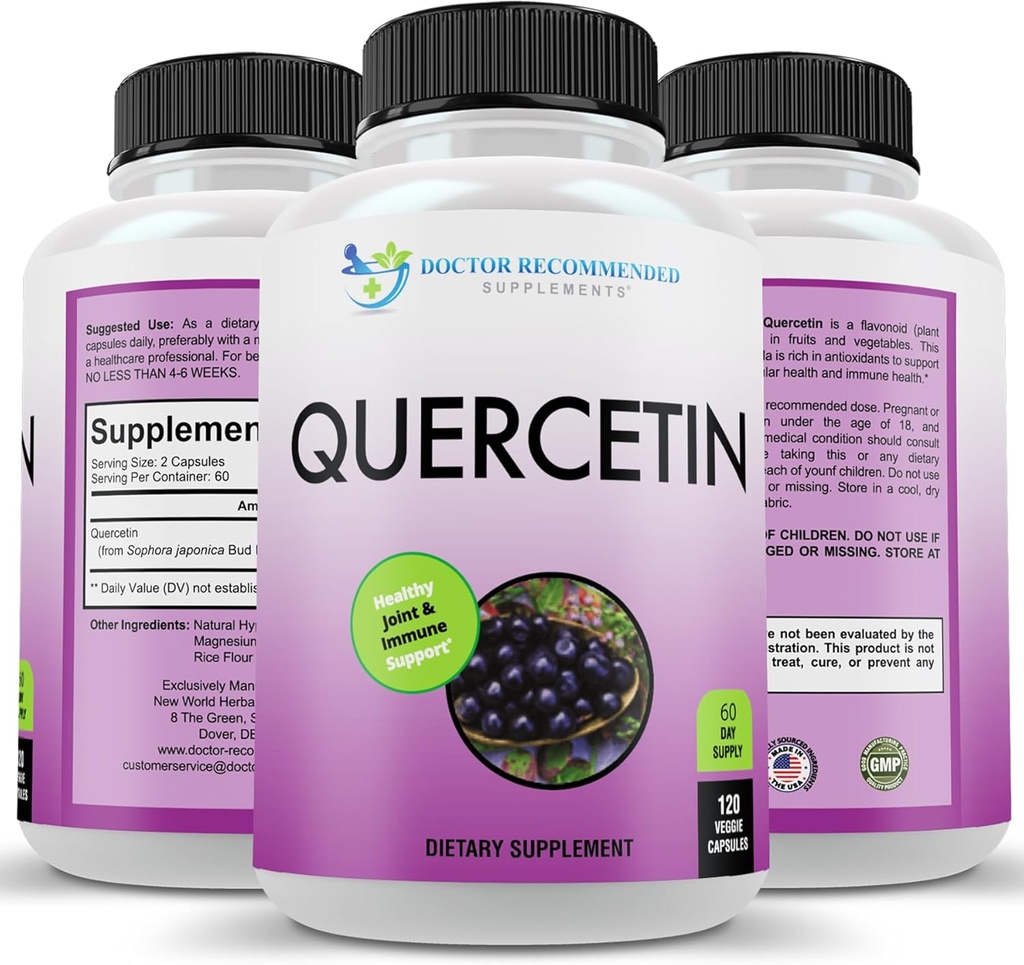 DOCTORHENSTILLEDE TILLÆG Quercetin 1000mg per servering - 120 Veggie kapsler, vitamin supplement, 60 dages forsyning, (Vegan og ikke-GMO)