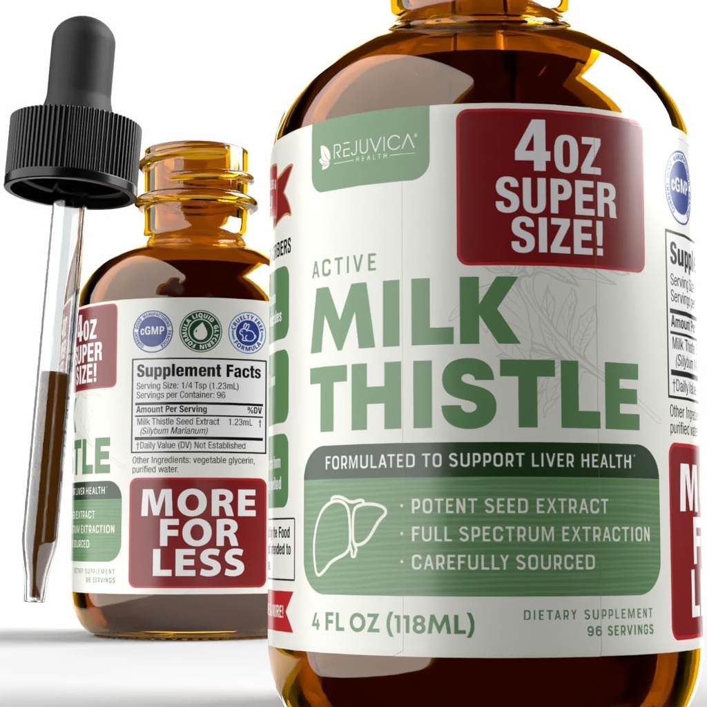 Rejuvica Health Active Milk Thistle 4oz XL Super Size - Avanceret mælk Thistle Seed Liquid Extract Drops - Kan støtte leveren - Vegansk sukker gratis ikke GMO tinktur