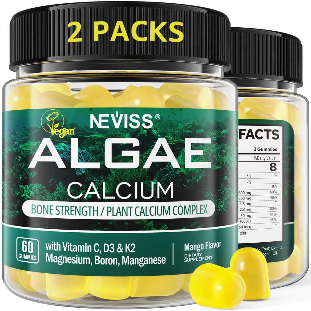 (2 Pack) Calcium gummies for women, Sugar Free Calcium Supplement from Sustainable Algaes (3. part Testet) med vitamin D3 K2, C, Zink, Boron, Mangan for Bone Strength, Calcium Absoption, Vegan