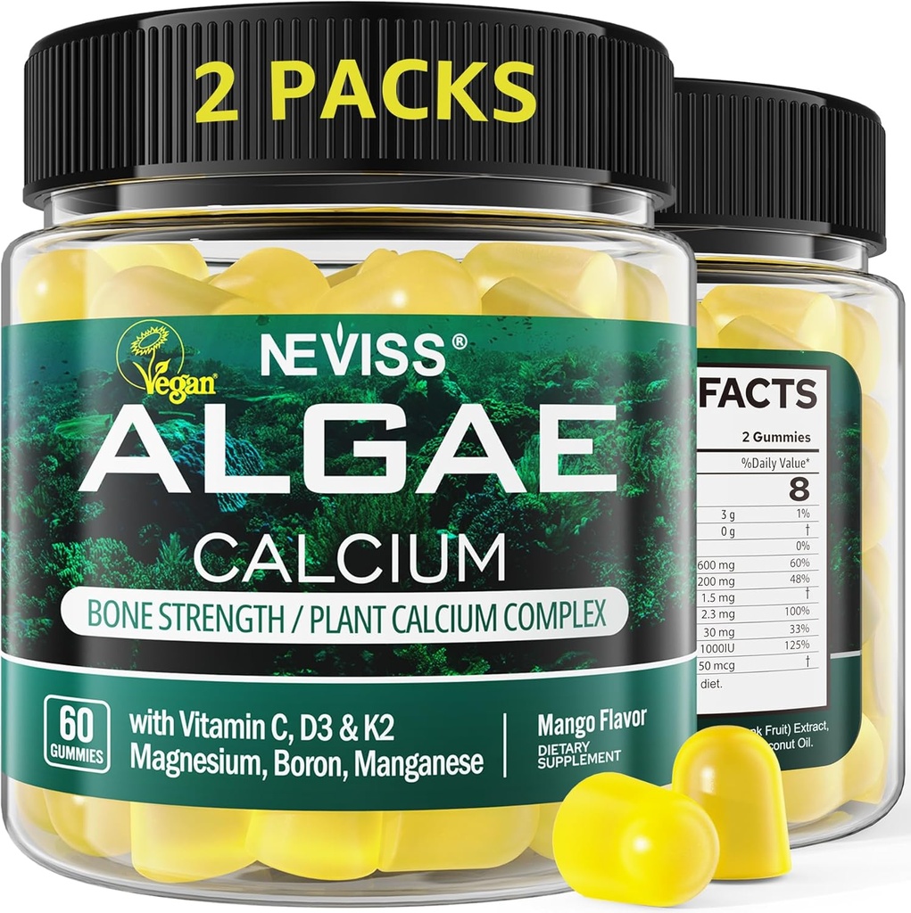(2 Pack) Calcium gummies for women, Sugar Free Calcium Supplement from Sustainable Algaes (3. part Testet) med vitamin D3 K2, C, Zink, Boron, Mangan for Bone Strength, Calcium Absoption, Vegan