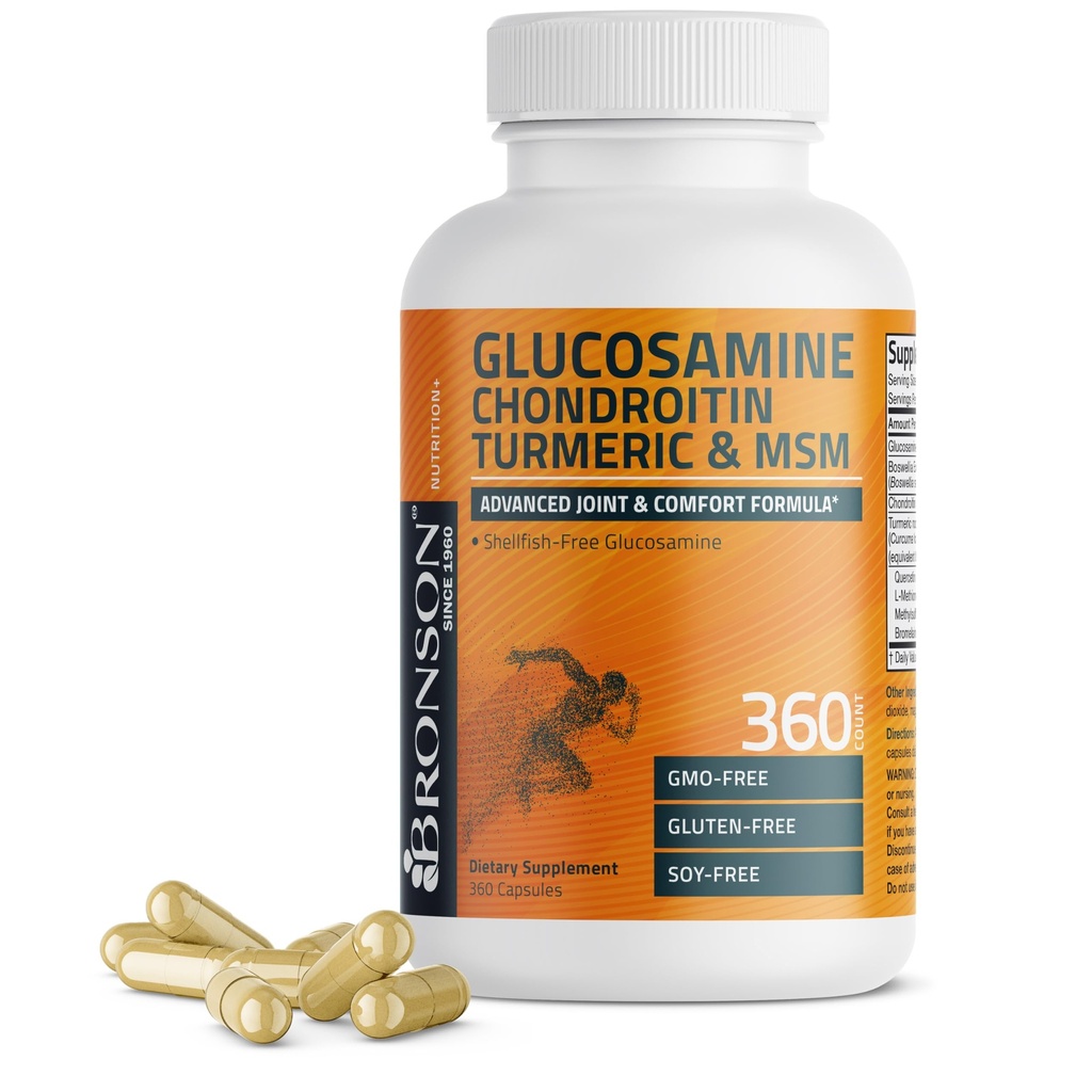 Bronson Glucosamine Chondroitin Gurkemeje & MSM Advanced Joint & Cartiage Formel, understøtter sunde Joints, Mobilitet & Cartiage - Non- GMO, 360 kapsler