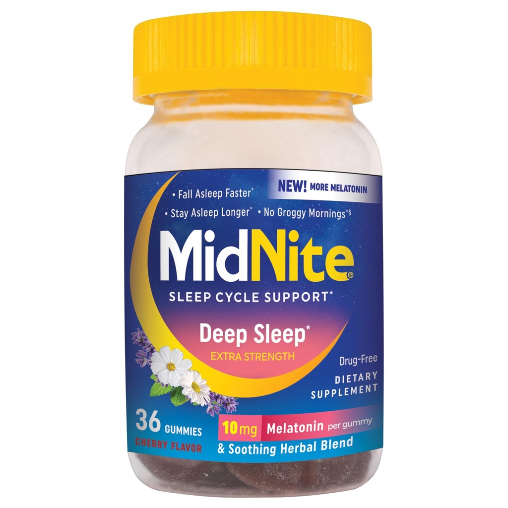 MidNite Deep Sleep Extra Strength, 10 mg Melatonin Sleep Aid, Non-Habit Danning, Urtemedicin Supplement for voksne, Drug- Free, Gluten- Free, Lactose- Free, Vegetarian-Friendly, 36 Gummies